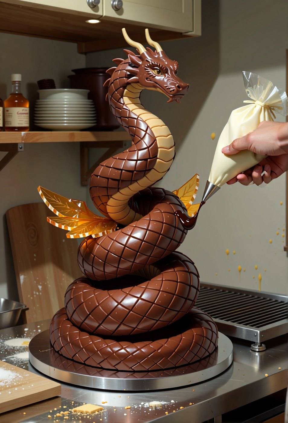 A coiled dragon sculpted entirely from tempered chocolate with spun sugar wings, being finished with a piping bag.