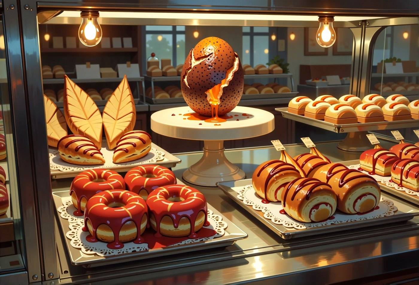 A lit bakery display case of glazed pastries and tarts with a large scaled dragon egg on a stand in the middle.