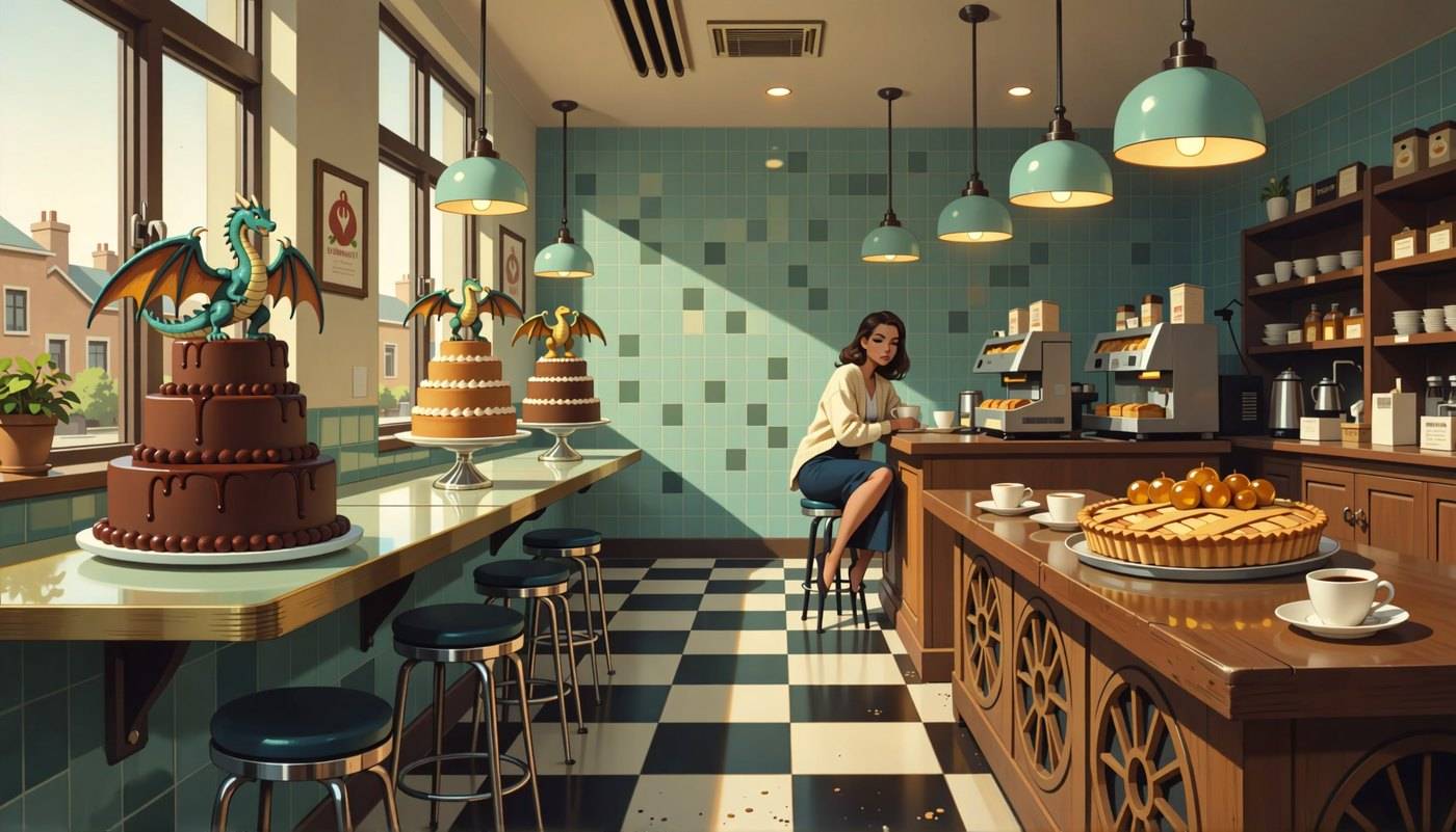 A small green dragon perches on a shelf above the counter of a mint-tiled bakery with checkerboard floors and layer cakes.