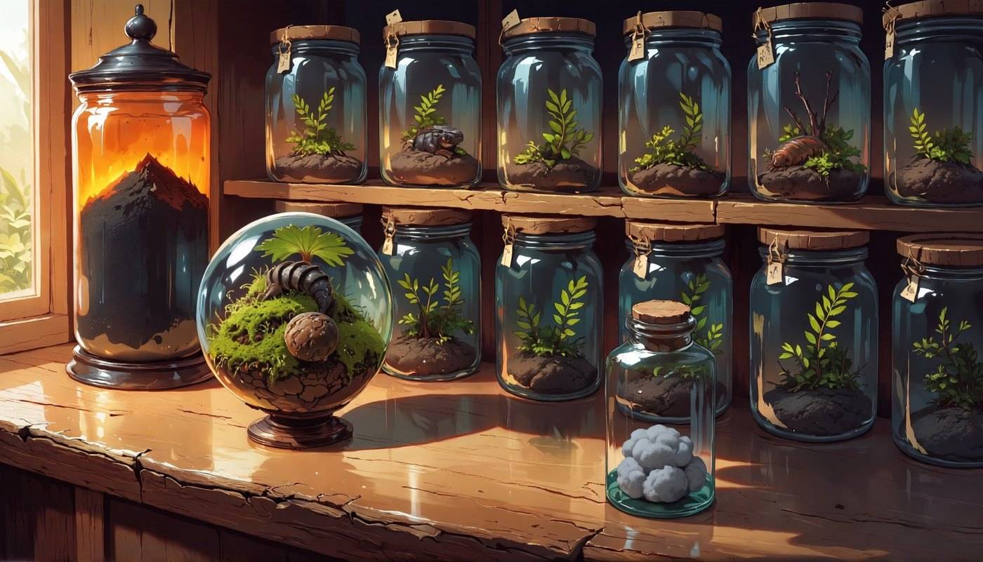 A warm-lit shelf of glass jar terrariums on a wooden counter, one holding a tiny dragon among moss and plants.