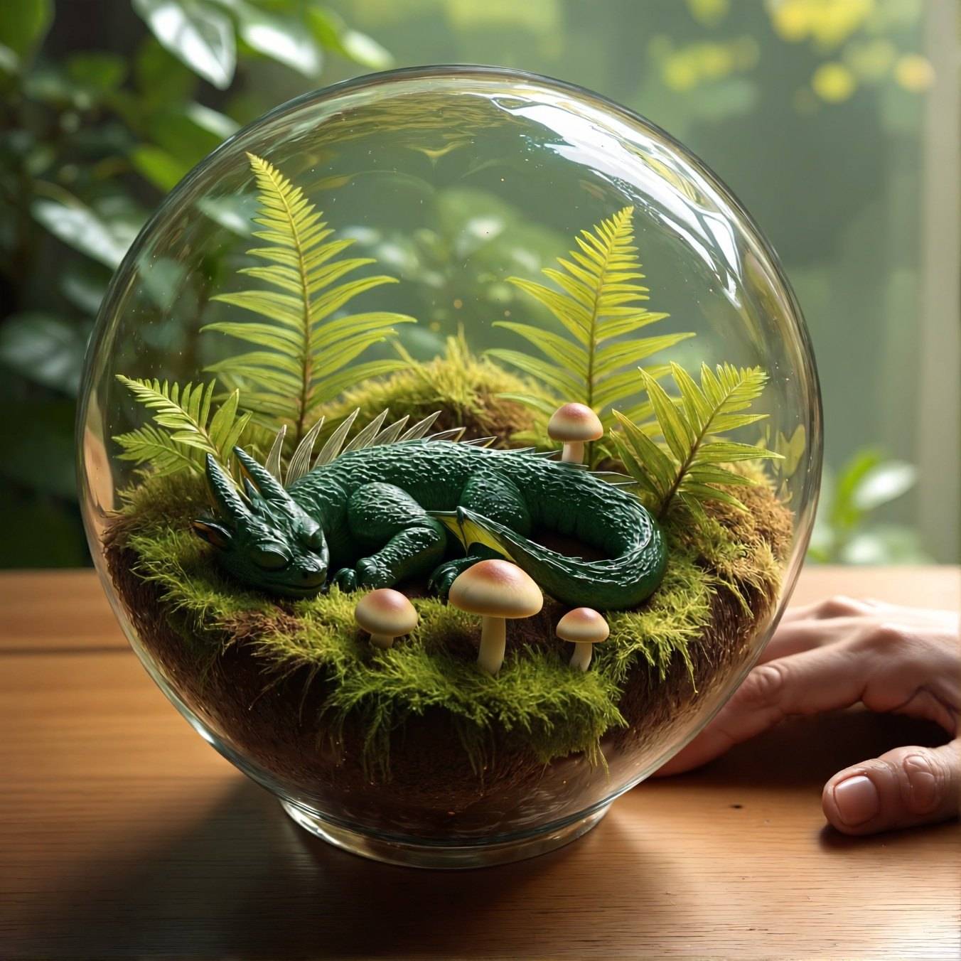 A green dragon curled asleep on moss inside a round glass terrarium with ferns and mushrooms, a hand resting on the table beside it.