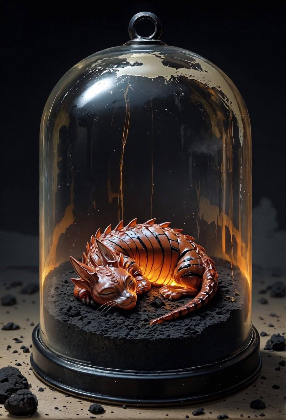 A red-orange dragon curled on dark volcanic soil beneath a tall glass cloche on a black surface.