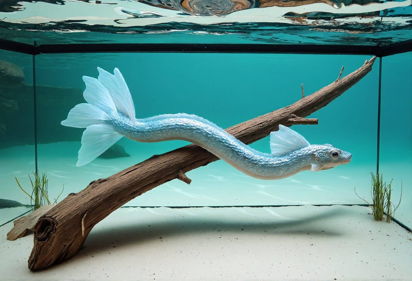 A long white eel-like dragon drifts over pale sand and driftwood inside a clean aquarium tank.