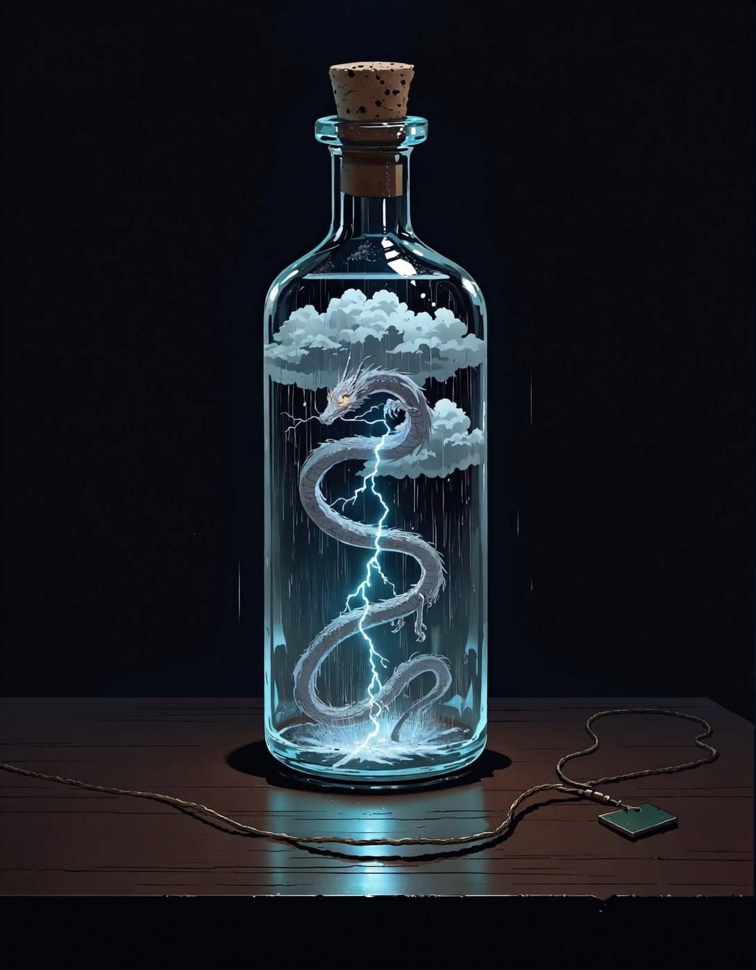 A corked glass bottle on a dark desk holds a tiny thunderstorm and a luminous white dragon coiled inside the clouds.