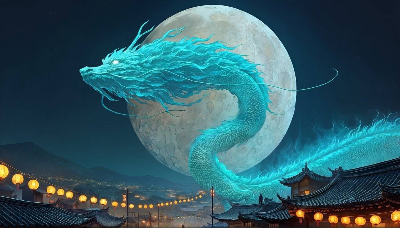 A glowing cyan eastern dragon curls in front of an enormous full moon above a village strung with paper lanterns.