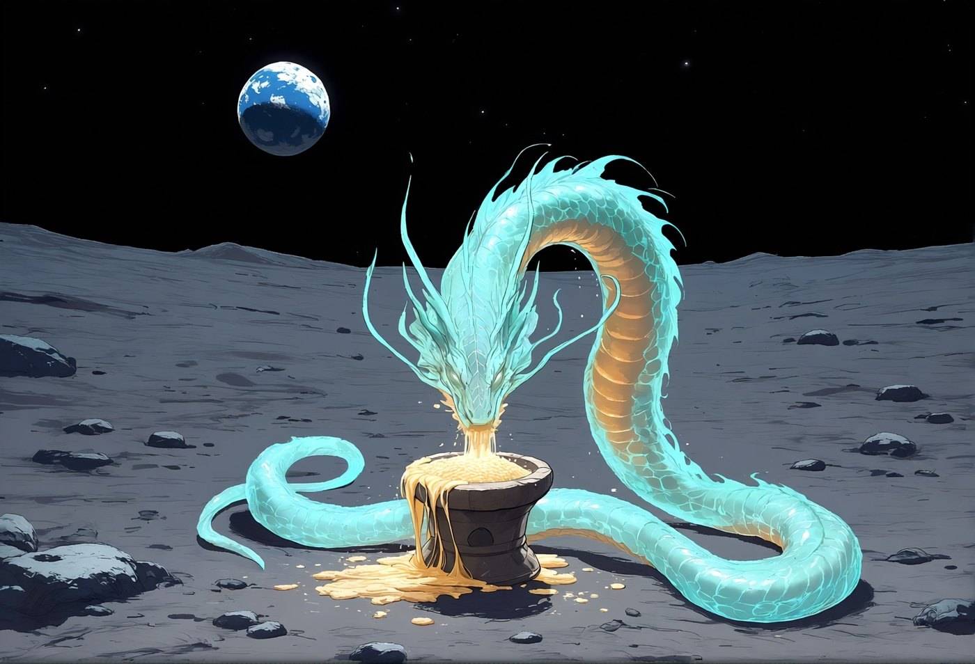 A luminous blue dragon rises from a golden vessel on the grey surface of the moon, Earth hanging small in the black sky.
