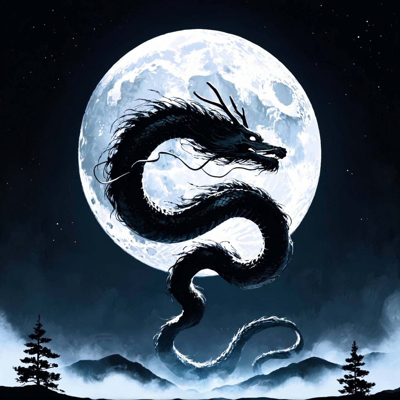 A black serpent dragon curls in silhouette across a huge white full moon above a treeline of pines.