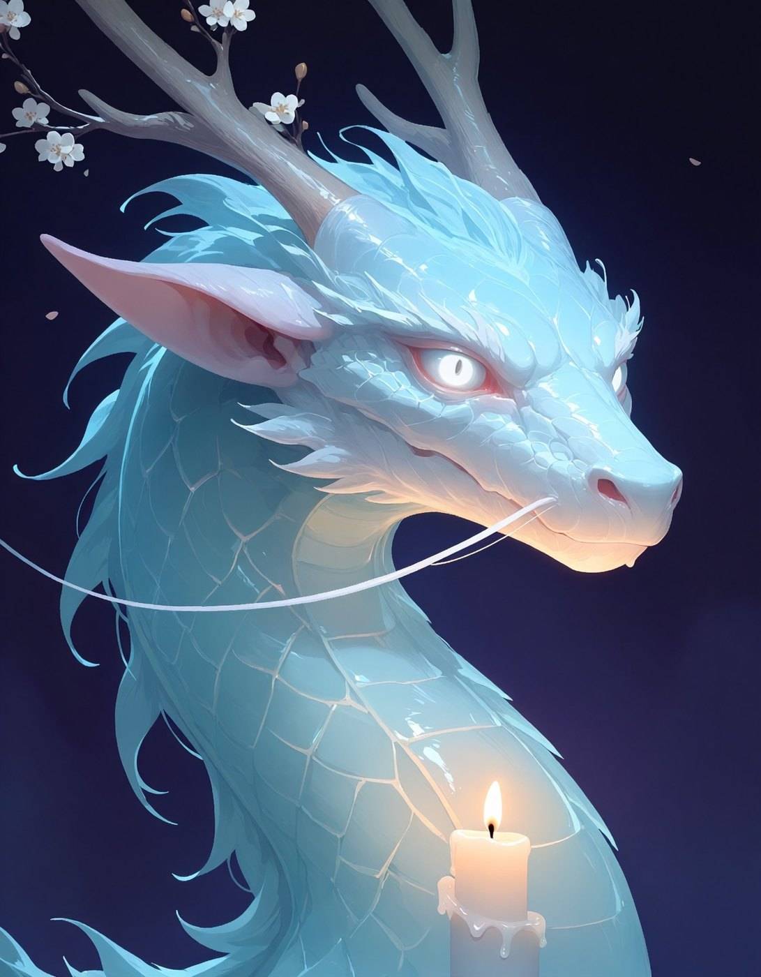 A pale blue-white dragon with antlers, long whiskers and translucent scales looks aside above a single lit candle.