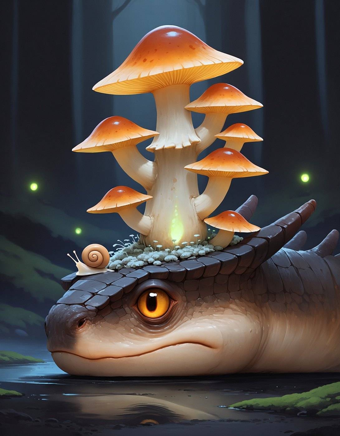 A low flat-headed dragon with a cluster of glowing mushrooms growing from its skull, a snail riding its snout.