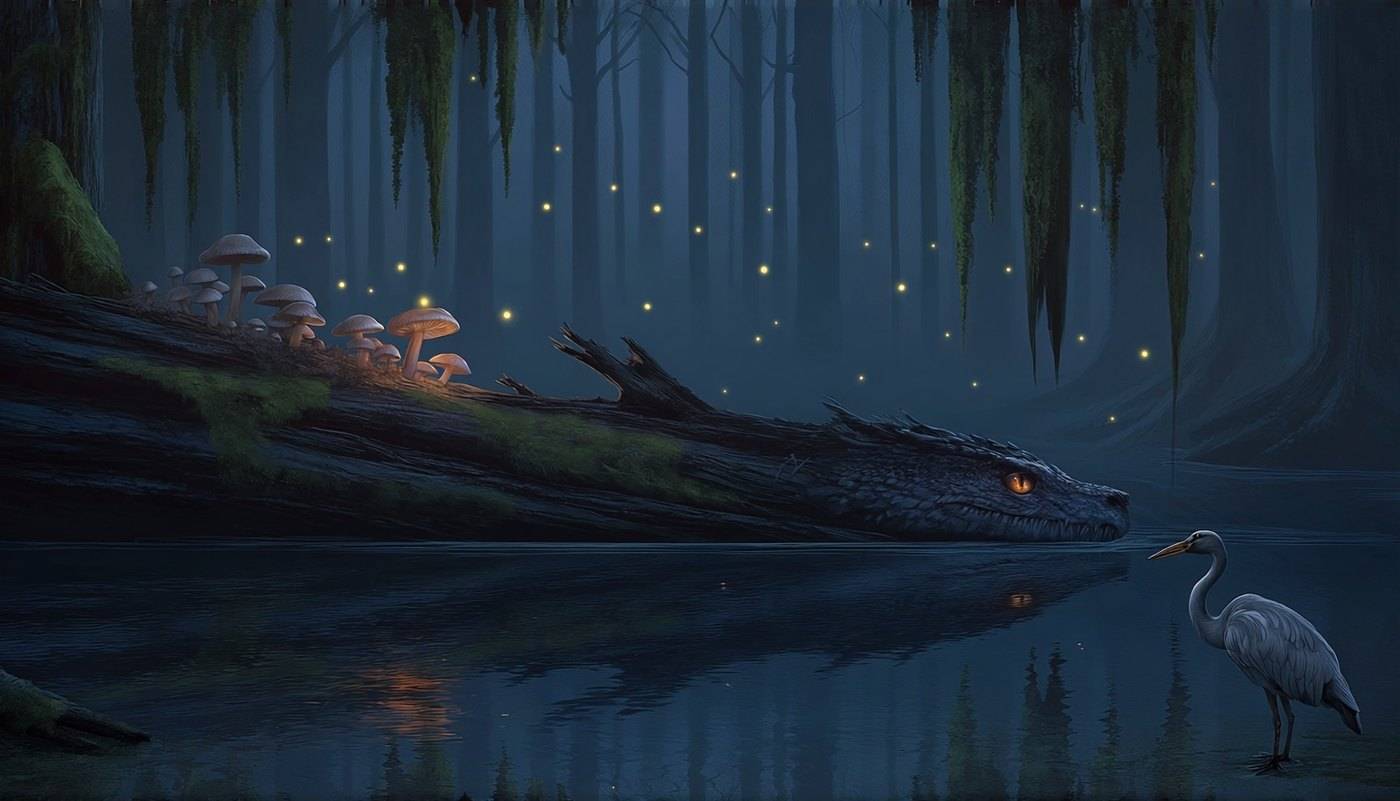 A dark low-slung dragon lies half-submerged in a dim blue bog among reeds and dead branches.