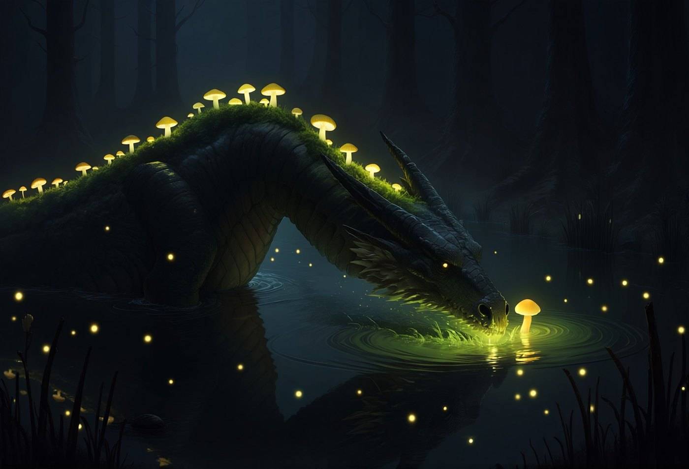 A long green dragon wades through a night marsh, glowing yellow mushrooms growing in a line down its back.