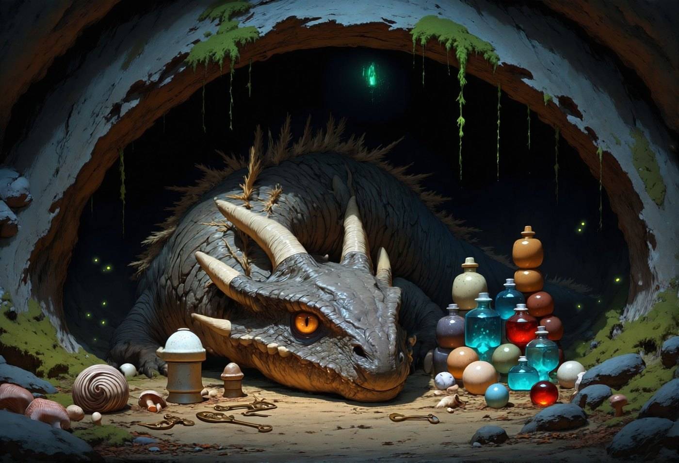 A tusked dragon curls in a mossy earthen burrow surrounded by a hoard of mushrooms, marbles, bones and painted trinkets.