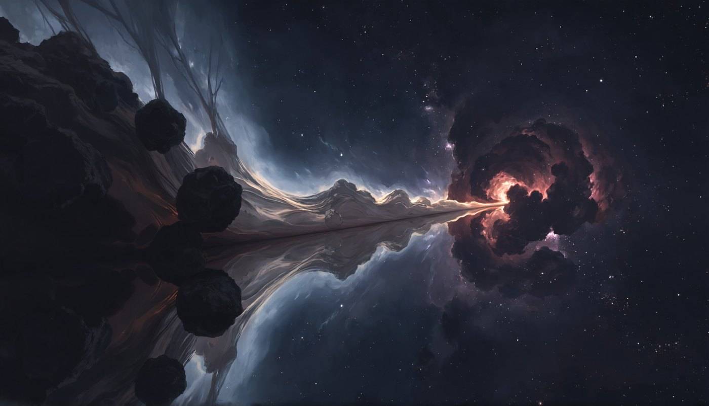 A dragon-shaped mass of dark rock drifts through a deep red nebula, its silhouette mirrored in the dust around it.