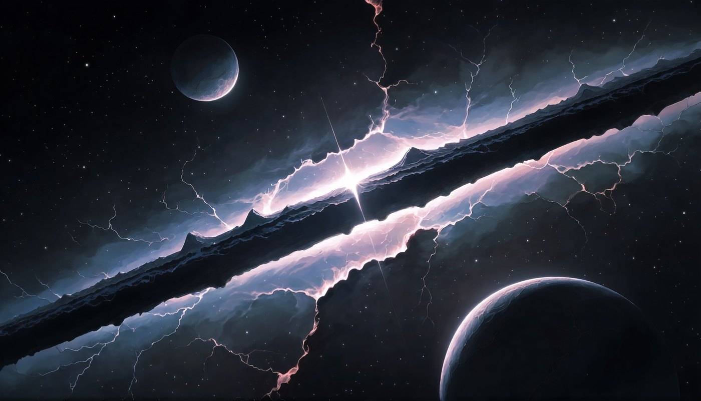 An immense dragon lies stretched along a planetary ring in deep space, violet lightning running the length of its body.