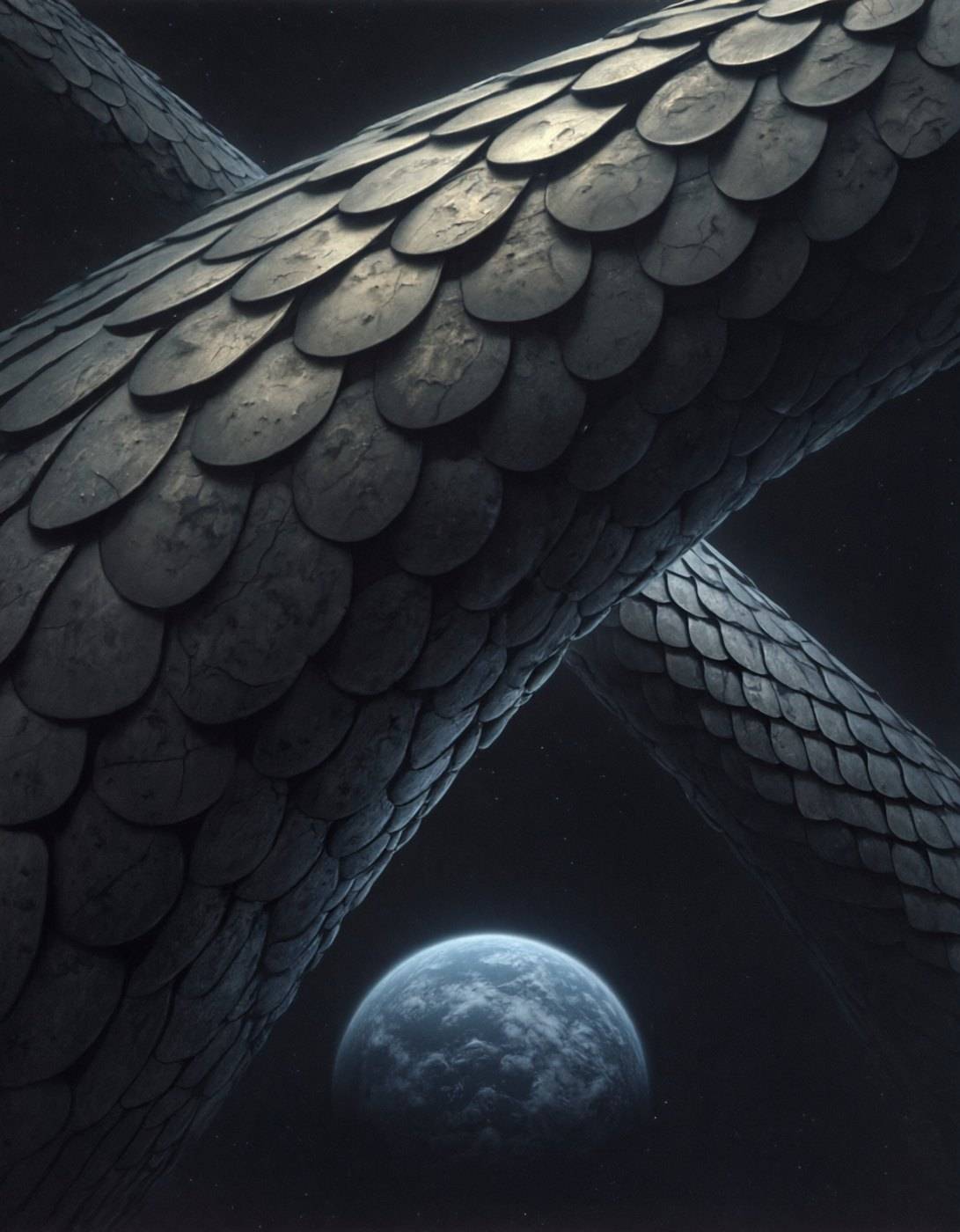 Two enormous overlapping grey scaled limbs cross in the foreground with a small moon visible far below them.