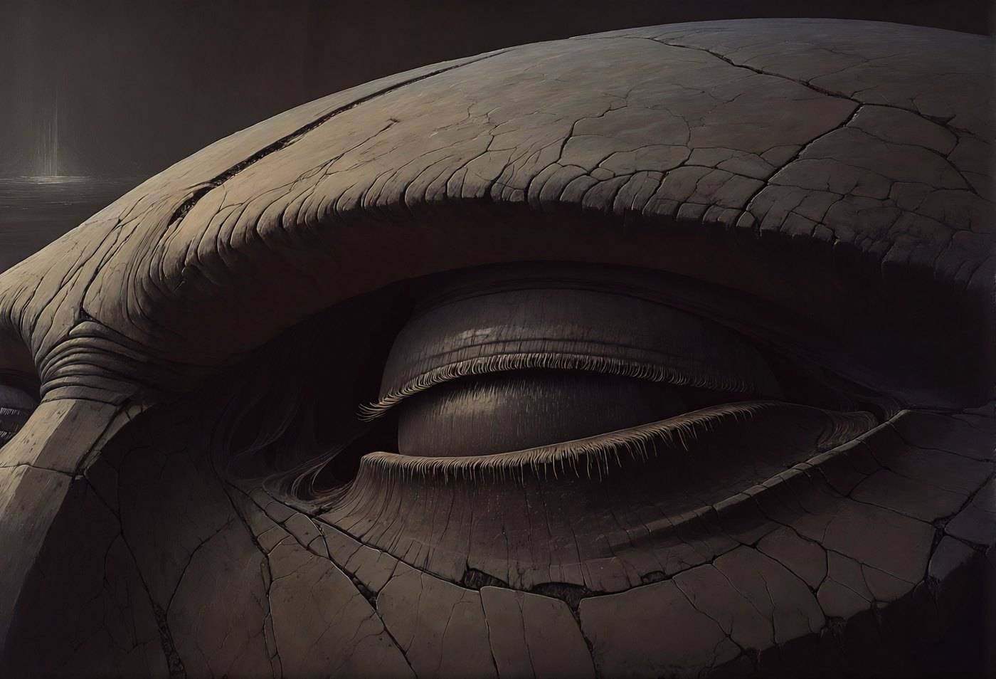 Extreme close-up of an enormous closed dragon eye, the hide around it cracked and weathered like dry stone.