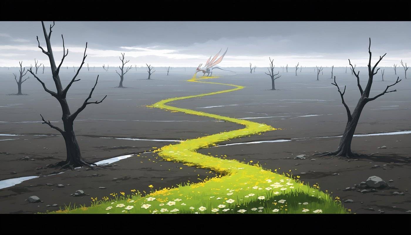 A cracked grey wasteland of dead trees split by a single winding path of bright green grass and white flowers.