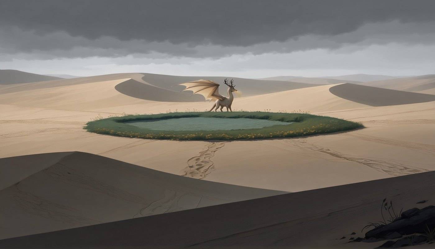 A pale expanse of desert dunes with one small circular oasis of green, a dragon curled at its centre.