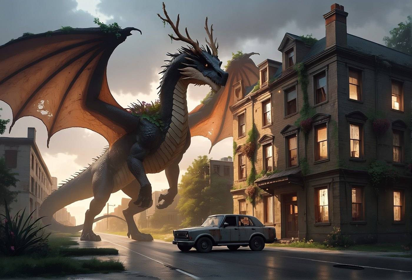 A large antlered dragon stands in the road beside an overgrown brick apartment building and a parked car at dusk.