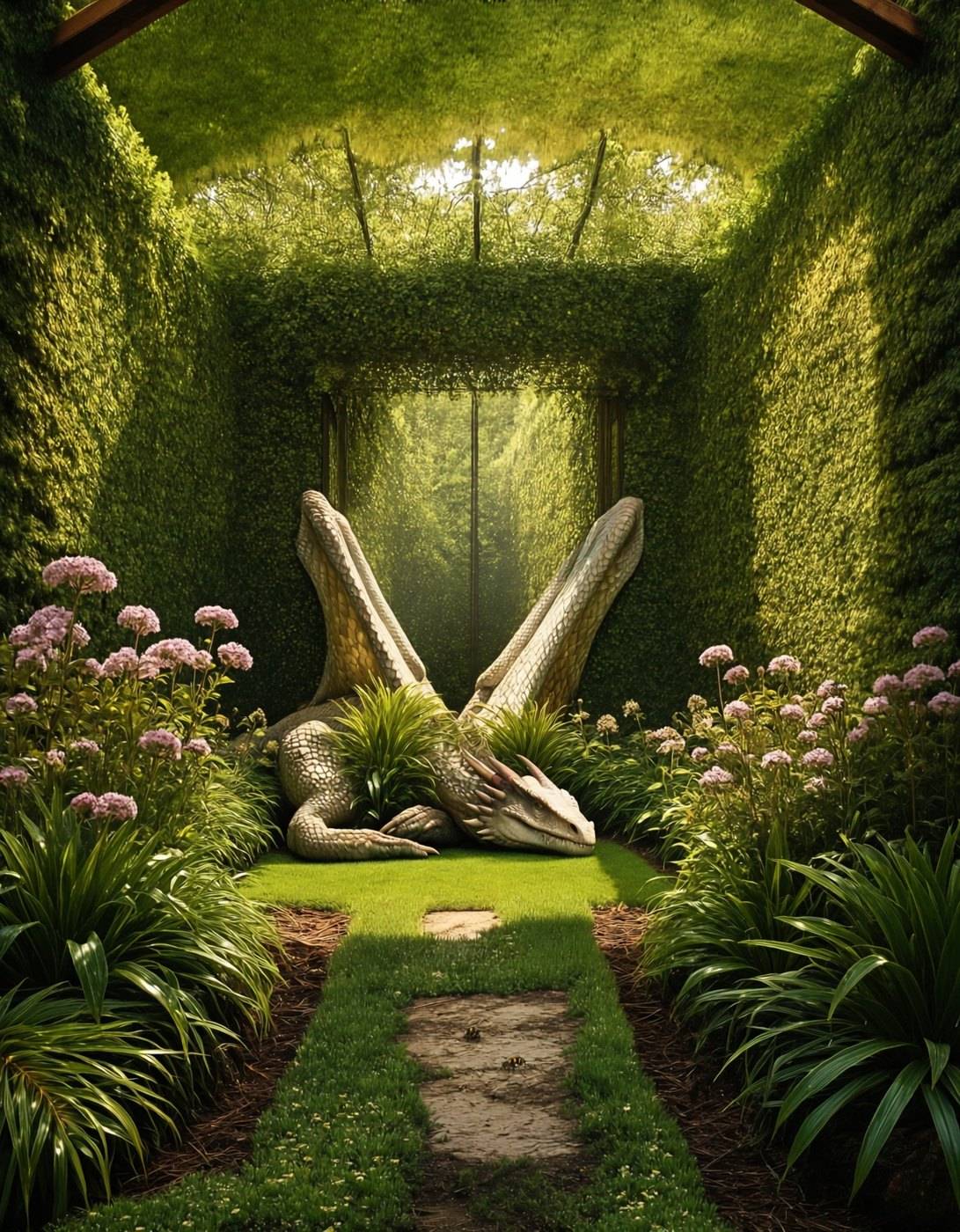 A green room walled entirely in ivy and moss, with a pale dragon skull and horns half-buried in a bed of flowers.