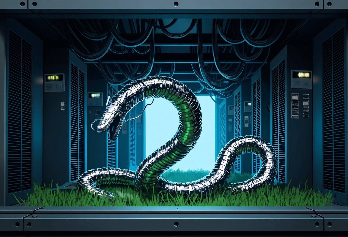 A chrome serpent dragon coils through a blue-lit server room with grass growing across the floor between the racks.