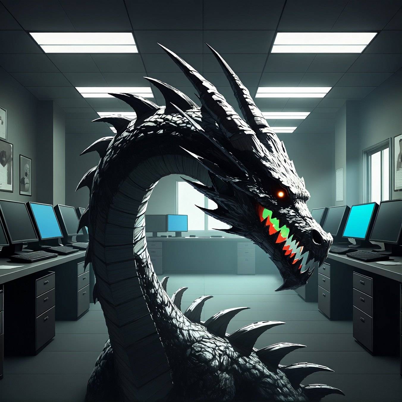A black spined dragon rears in a fluorescent-lit office full of desks and monitors, its teeth striped green and red.