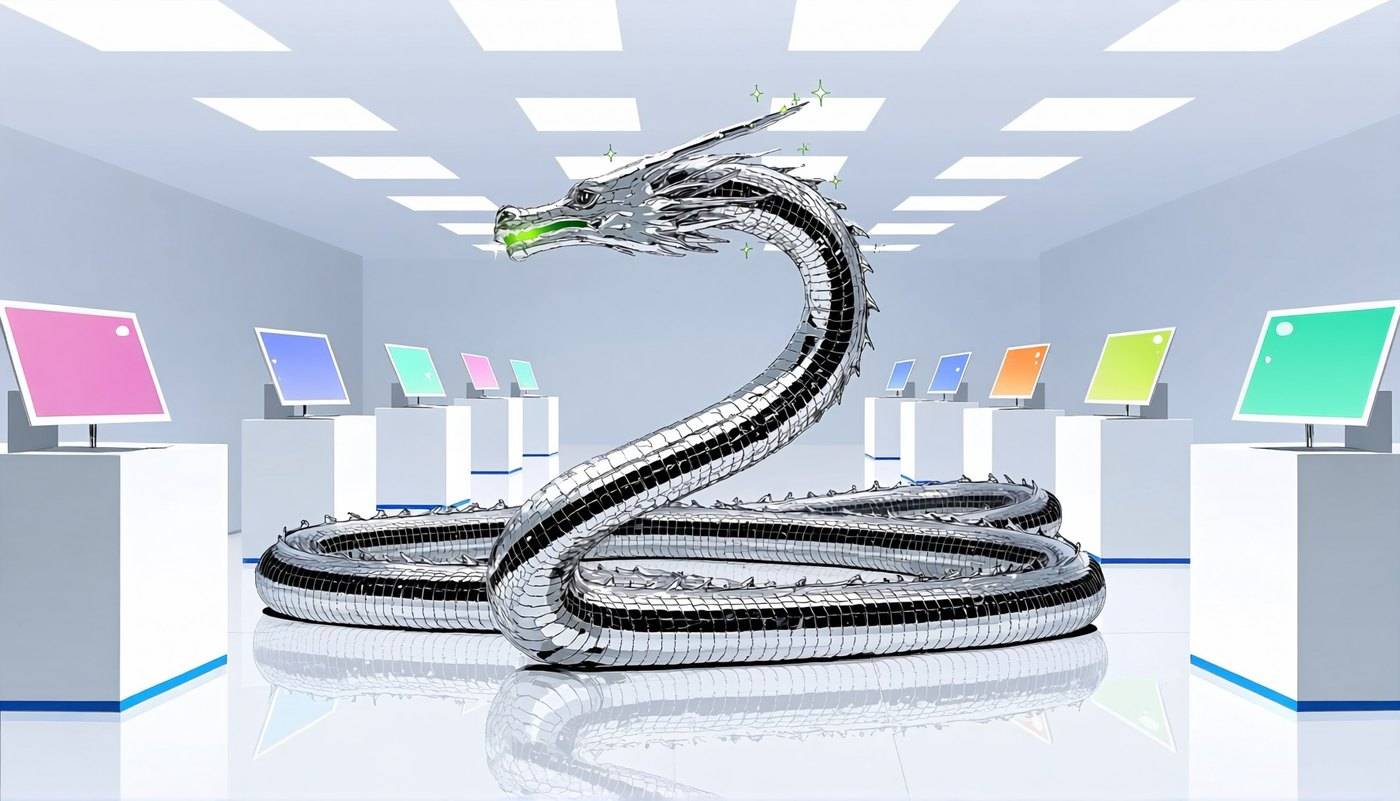 A slender chrome dragon stands in a bright white showroom lined with colourful flat displays on plinths.