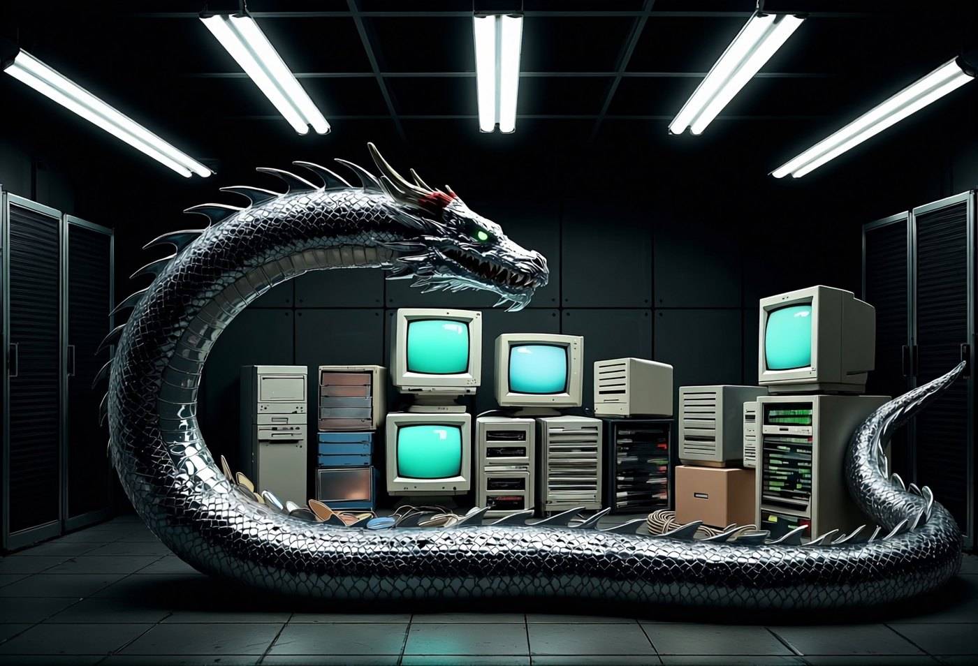 A long chrome dragon coils through a fluorescent-lit room stacked with beige CRT monitors and old desktop towers.