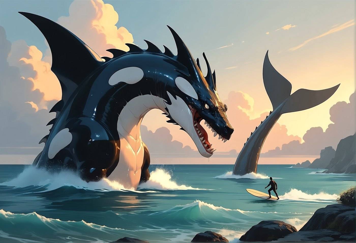 An orca-patterned sea dragon breaches from the water at sunset while a small surfer paddles in the swell below.