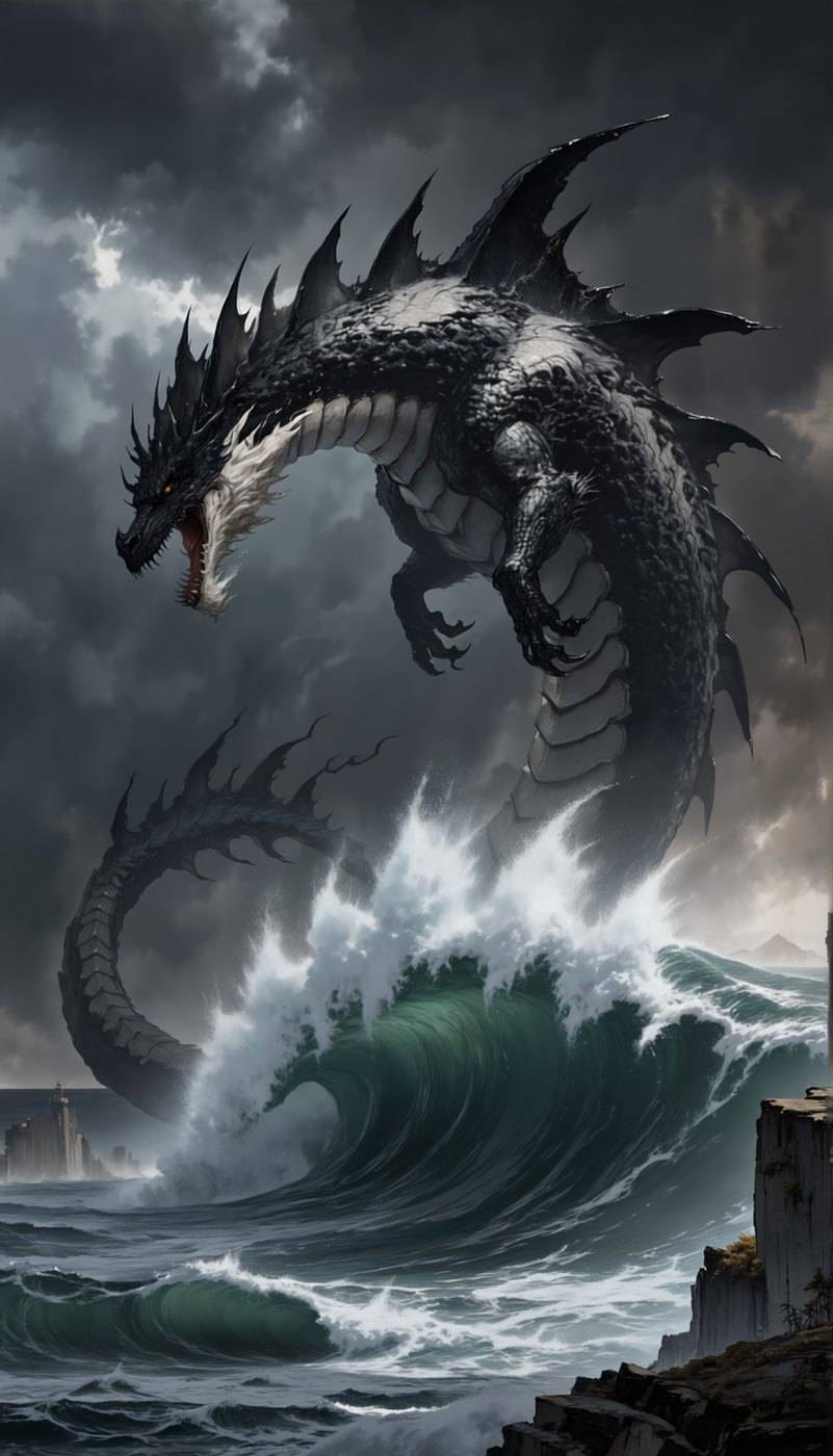 A black winged dragon rears above an enormous breaking green wave under a bruised storm sky, cliffs behind it.