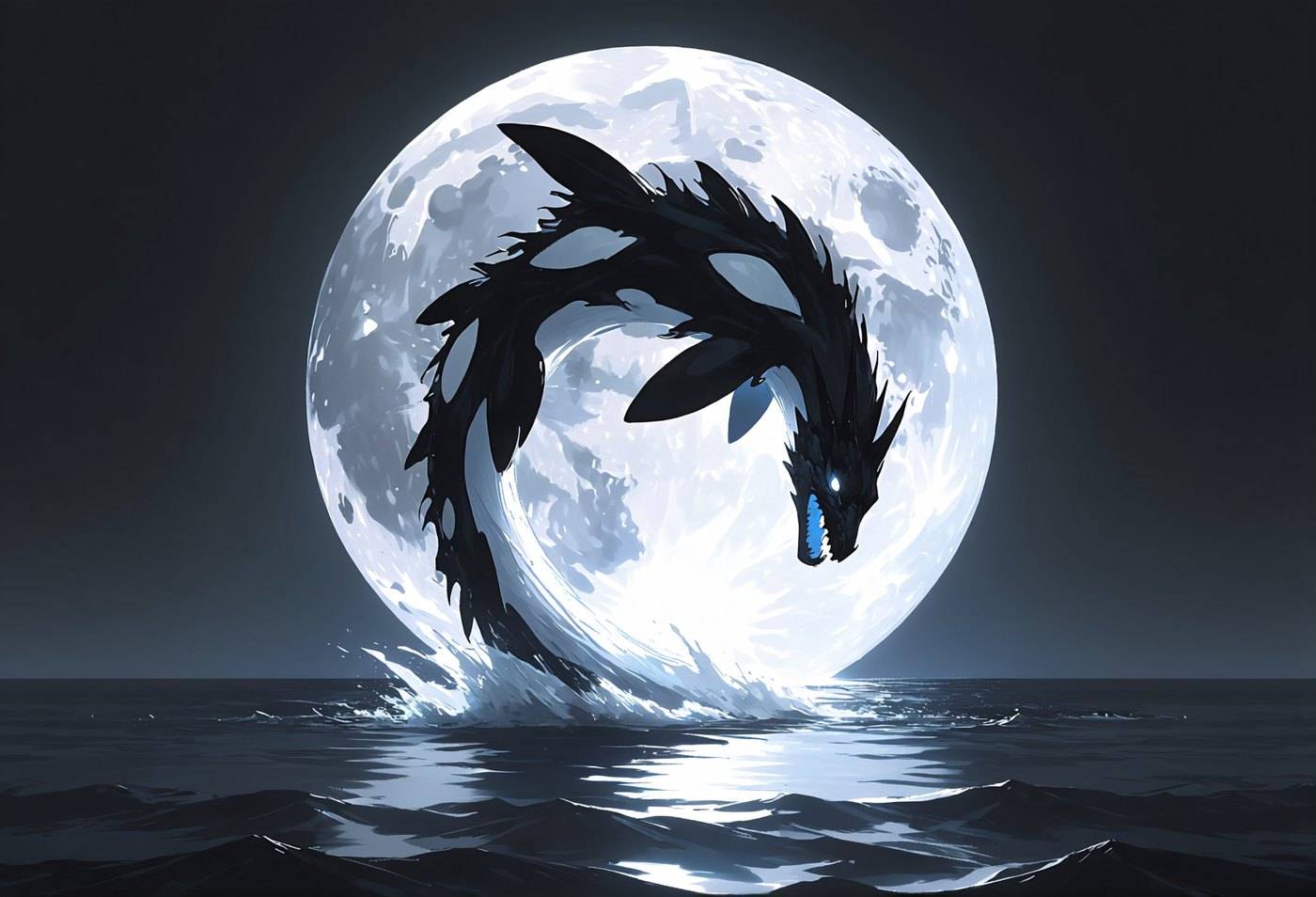 A black dragon curls in silhouette against a huge low moon, its reflection breaking on calm open water.