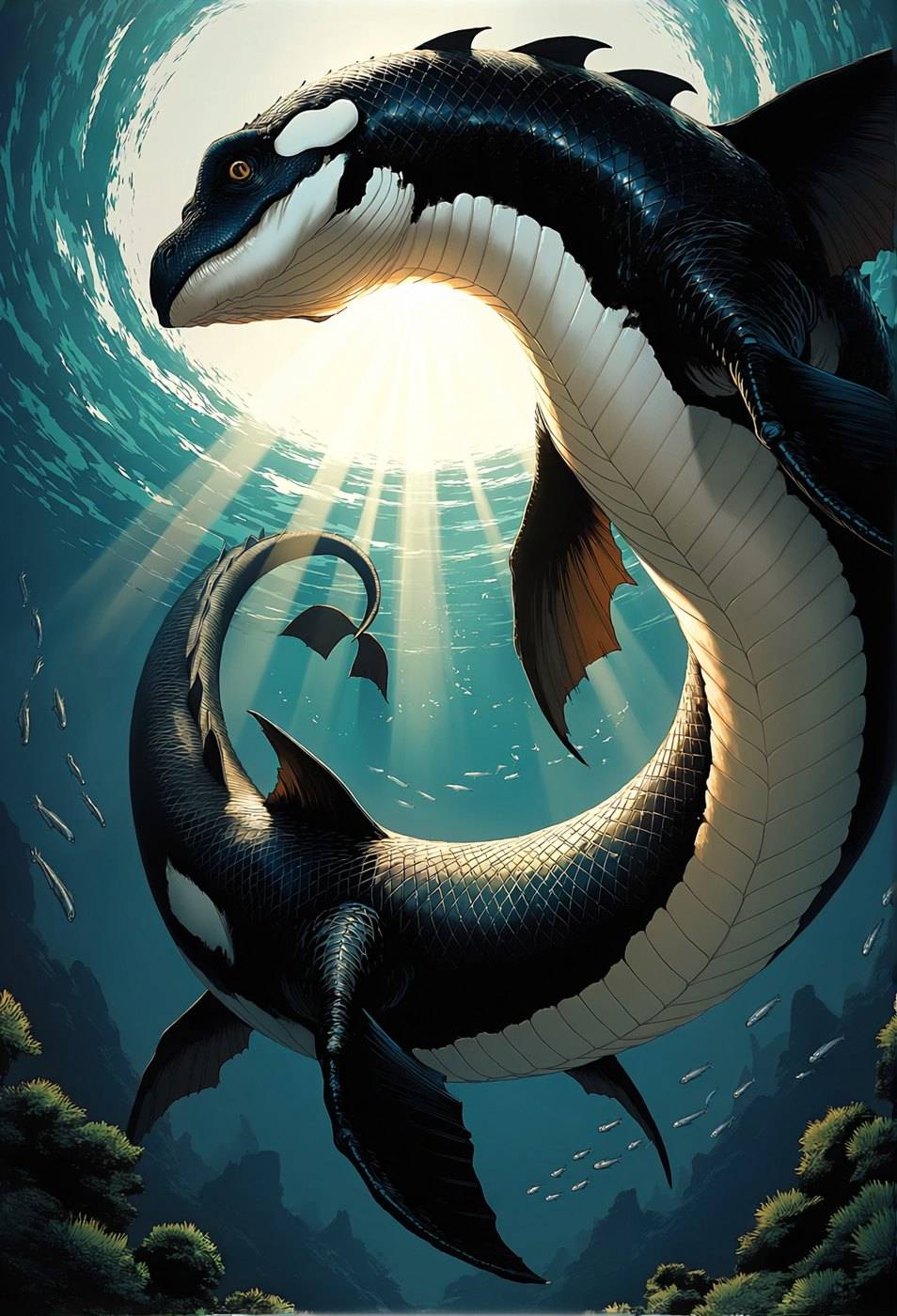 An orca-patterned sea dragon banks through green underwater light, sunbeams breaking above its long white-and-black body.