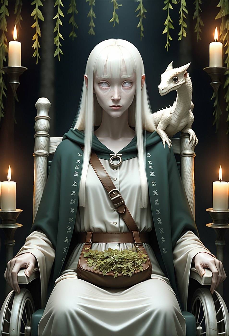 A white-haired woman in a green cloak sits in a wheelchair in a candlelit alcove hung with vines, a small white dragon on her shoulder.