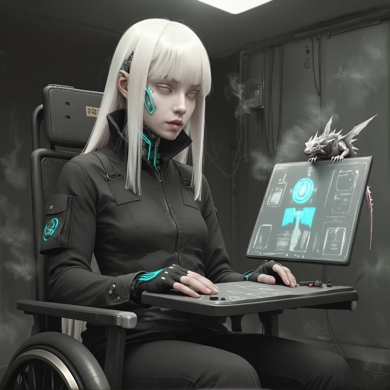 A white-haired woman in a wheelchair works at a holographic console in a grey lab, a small white dragon perched beside the screen.