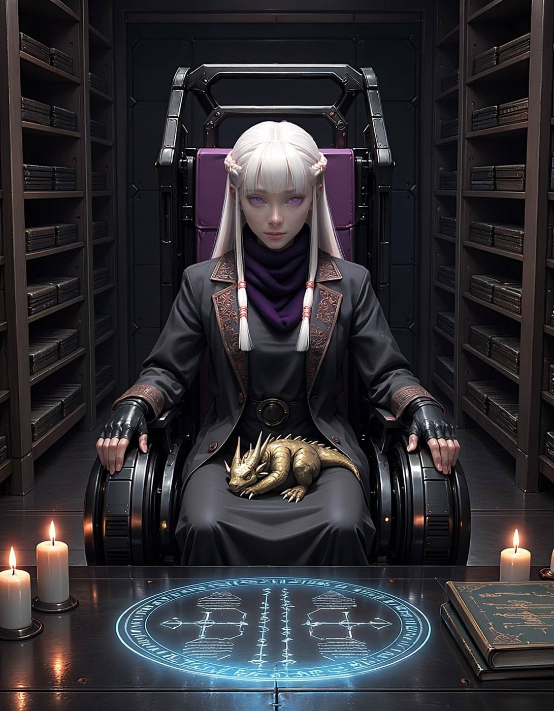 A white-haired woman in a high-backed powered chair sits over a glowing blue sigil between candles, a gold dragon curled in her lap.