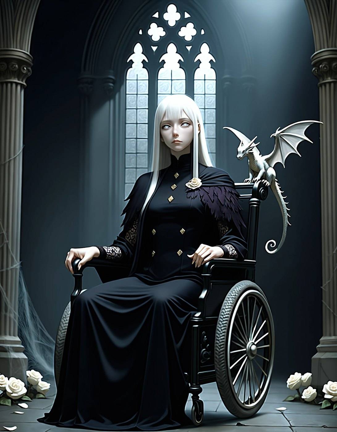 A white-haired woman in a black high-collared gown sits in a wheelchair in a gothic hall, a small pale dragon perched on the chair back beside her.