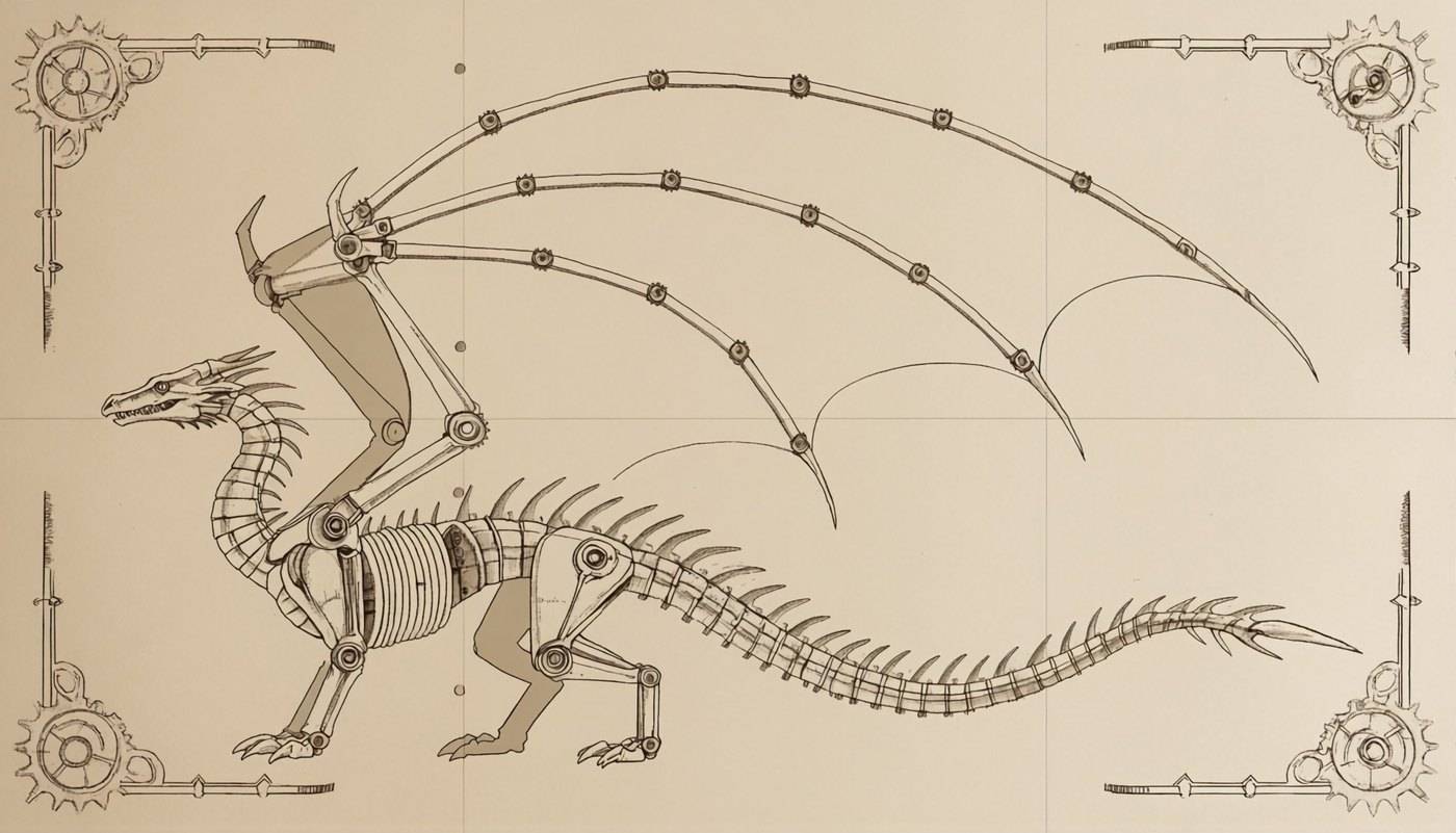 A draughtsman's blueprint of a mechanical dragon skeleton on aged paper, joints marked and annotated.