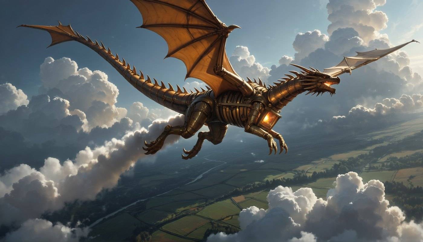 A brass and copper clockwork dragon in flight through bright cloud, sunlight catching its plated wings.