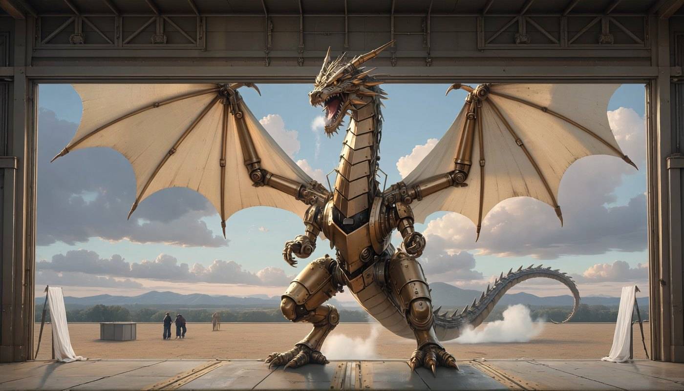 A brass mechanical dragon stands with wings spread in a hangar, the doors open onto blue sky behind it.