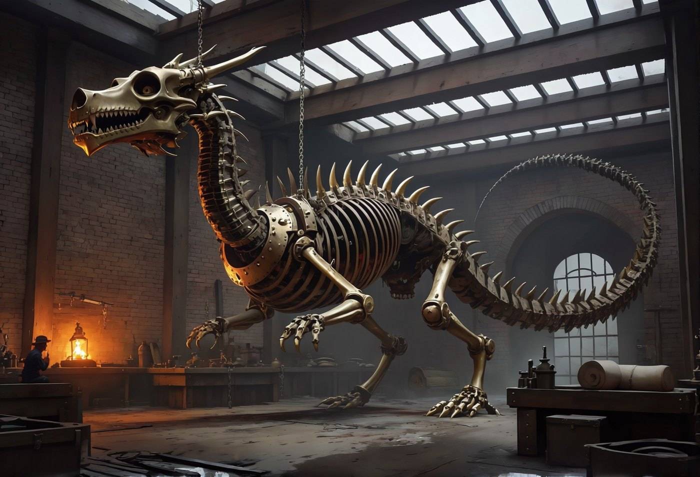 A skeletal mechanical dragon frame suspended in a workshop, a forge burning orange in the background.