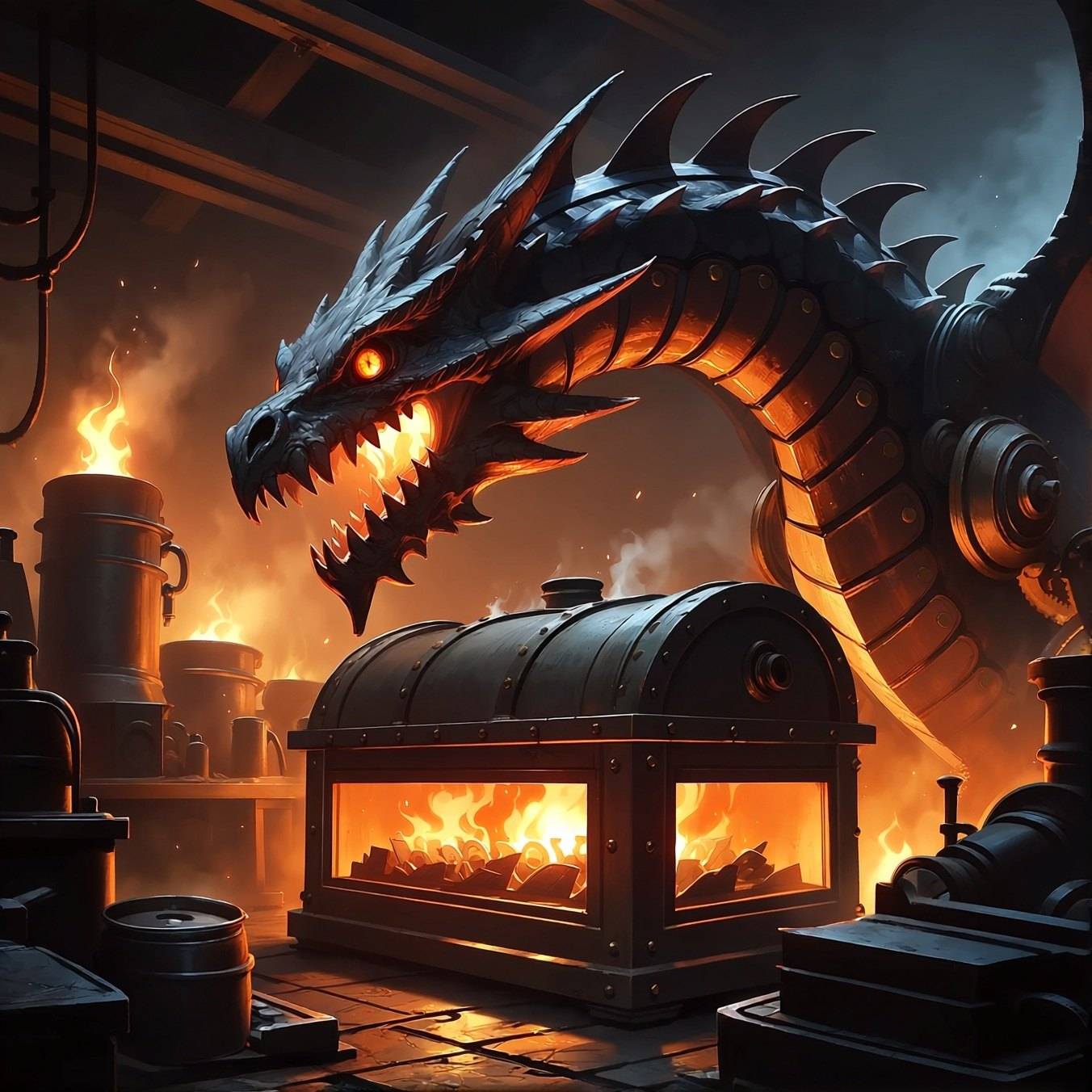 A riveted iron dragon rears over an open furnace chest full of burning coals in a soot-dark boiler room.