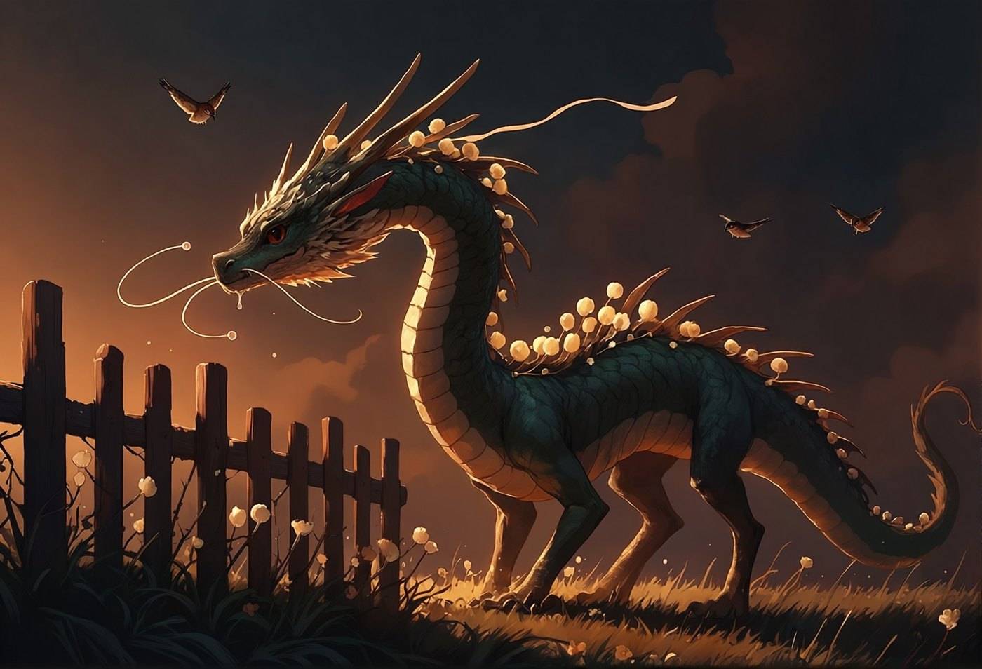 A dark green dragon prowls along a wooden fence in a golden field at dusk, pale blossoms growing down its spine.