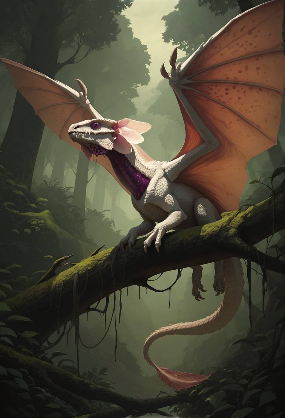 A slim white and pink dragon perches along a mossy branch in a bright green forest.