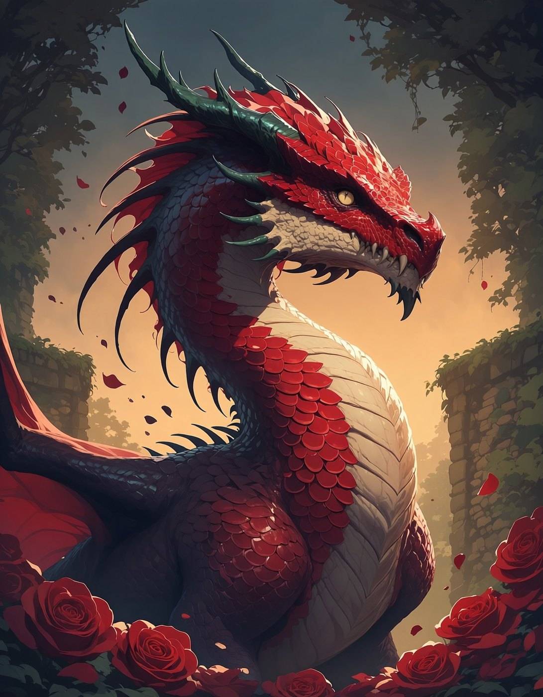 A red and cream dragon rears among climbing red roses beside an old stone wall.