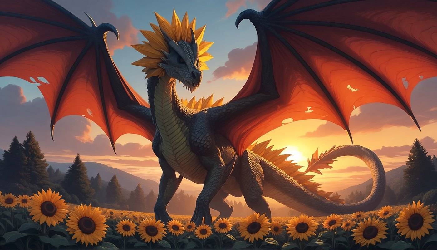 A green dragon with a sunflower crest stands in a field of sunflowers at sunset, red-lit wings spread wide.