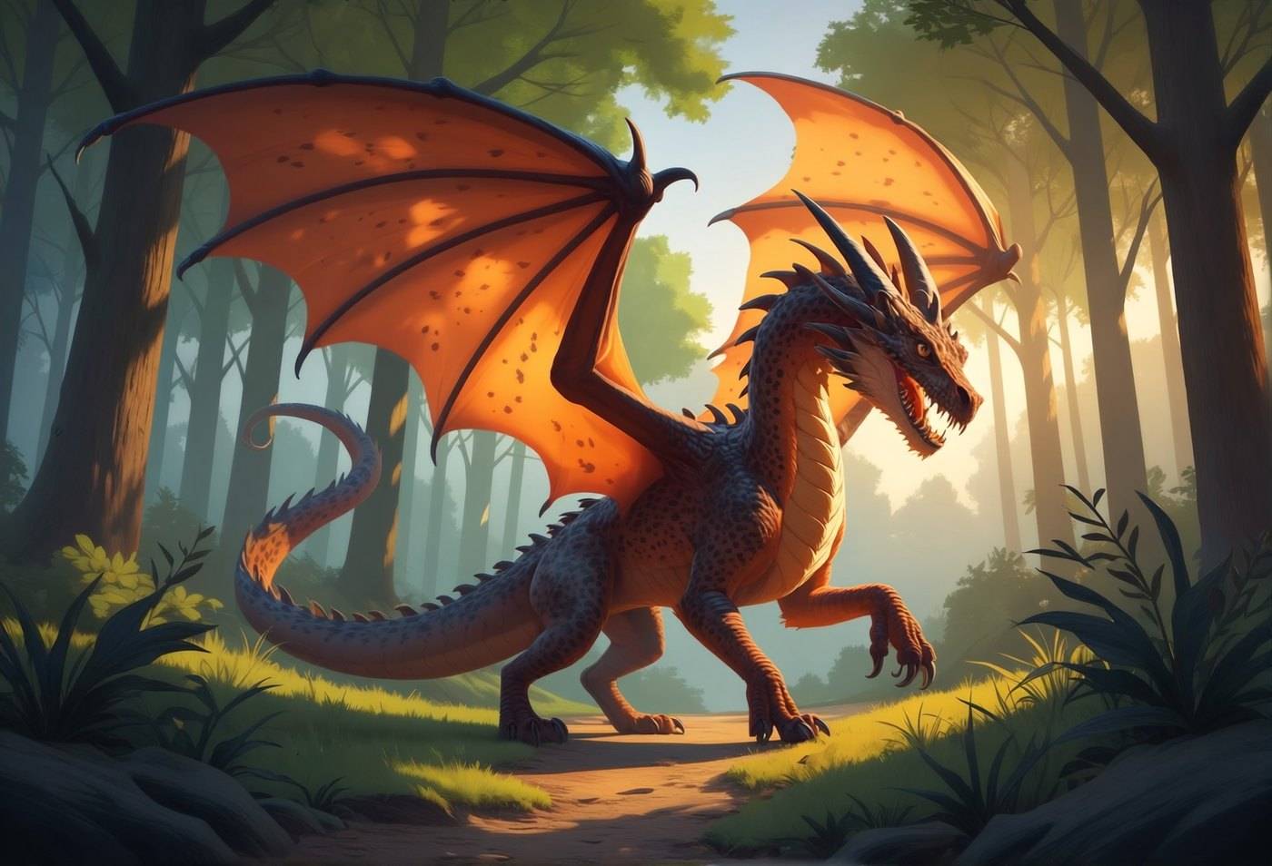 A dragon with burnt-orange wings walks through a sunlit clearing between tall forest trunks.