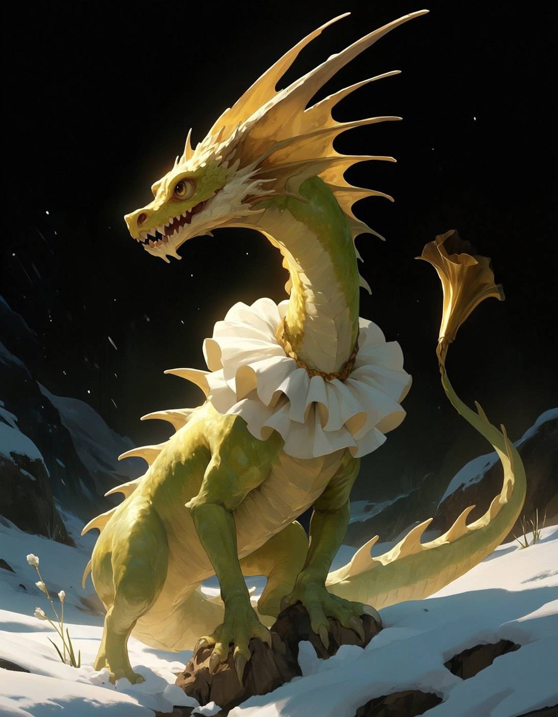 A pale green dragon with a wide white ruffled collar stands on snow against a black background.