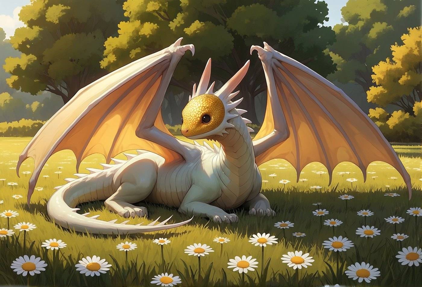 A cream and white dragon with a golden face lies in a meadow of daisies under summer trees, wings raised.