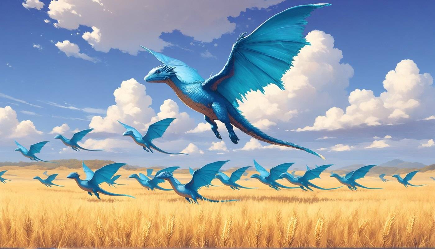 A flight of small blue dragons skims low across a golden wheat field under a bright clouded sky.
