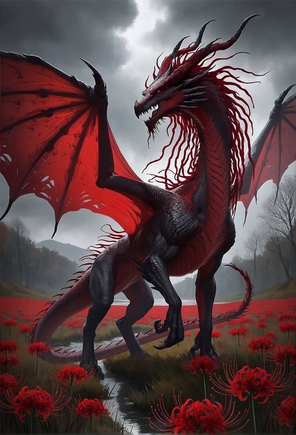 A red dragon with feathered crimson fronds along its spine stands in a field of red spider lilies under a grey sky.